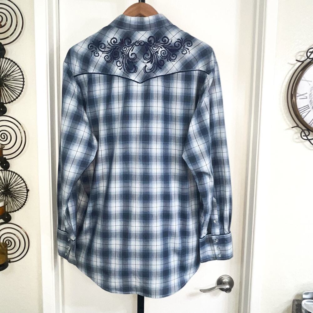 Roper Mens Embroidered Western Pearl Snap Shirt - Blue Gray Plaid, Size XL